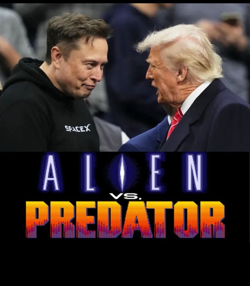 Elon Musk and Donald Trump looking at one another. Meant to look like a movie poster with the title Alien vs Predator. 