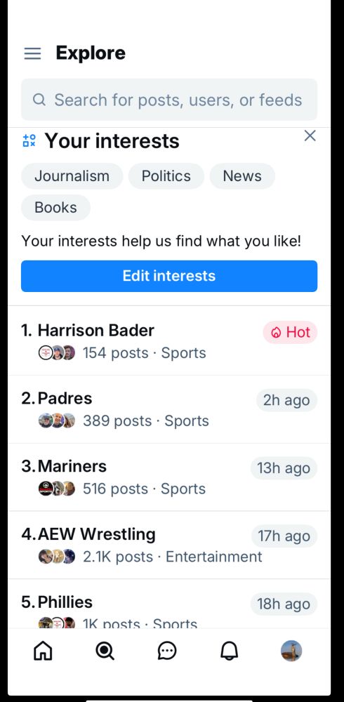 Screenshot of my chosen interests on BlueSky - journalism, politics, news, books.
Underneath, Bluesky’s recommendations: all sports.
