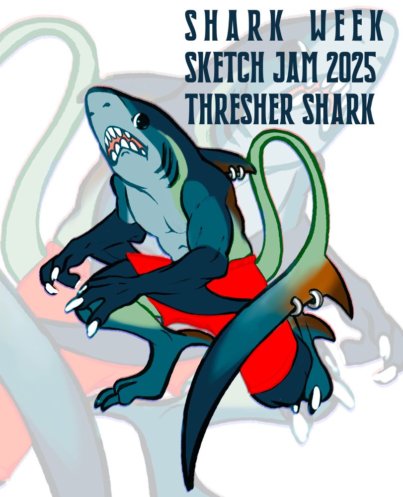 An anthro thresher shark in board shorts stands crouched with a slightly panicked face.