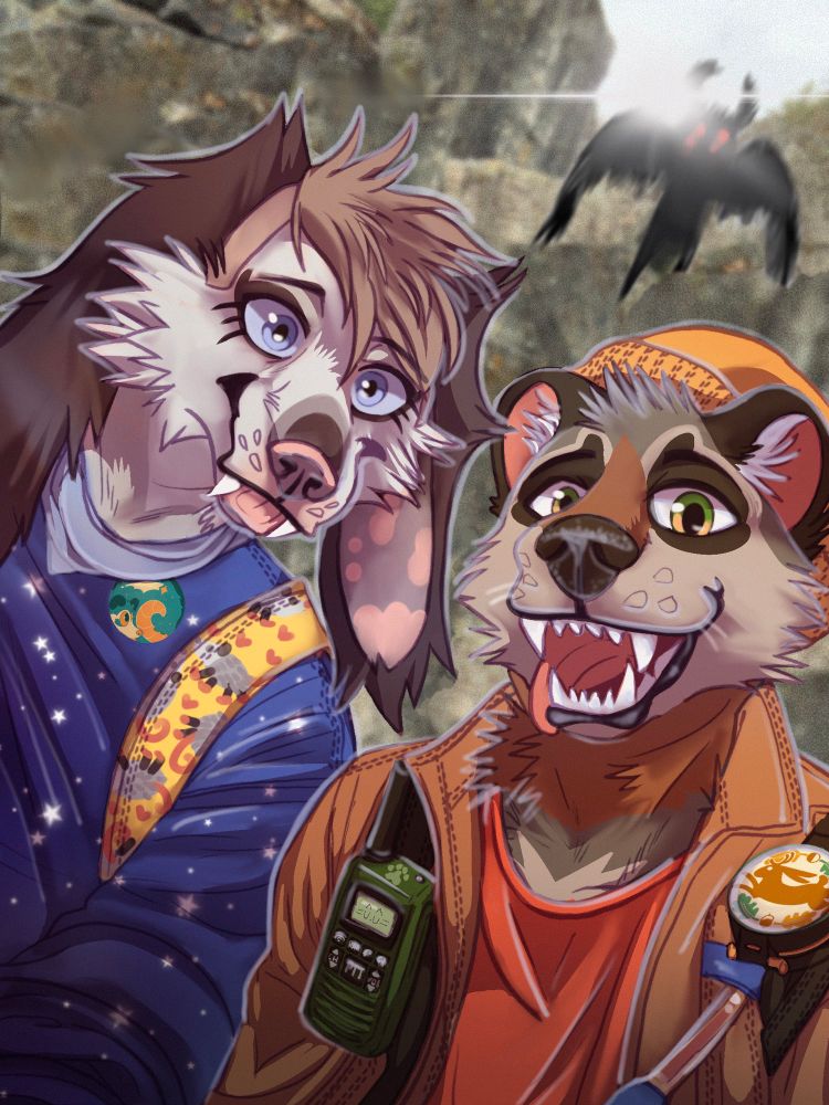 Two anthro furries paused mid-hike to take a selfie in front of a rock outcropping. To the left is a possum camper of the possum cabin, to the right is a raccoon camper of the jackalope cabin. In the background mothman appears to be fleeing slightly obscured by a lens flare, suggesting that the hikers likely did not notice this in the moment.