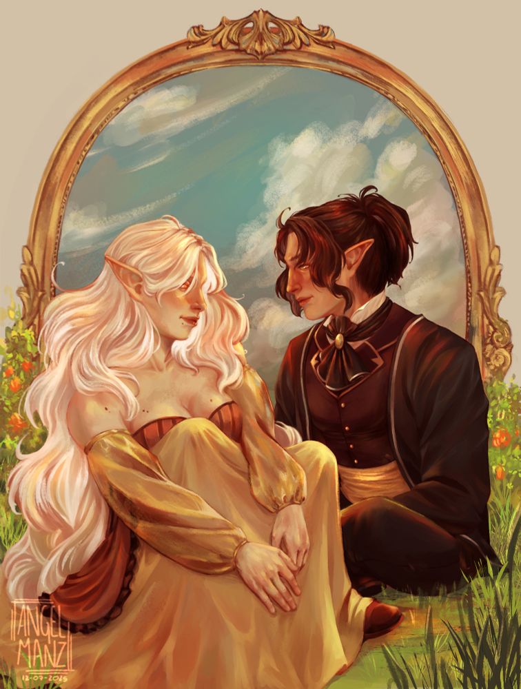 Couple looking at each other while they are sitting in a green field, behind them there is a Golden frame with a blue sky and clouds 