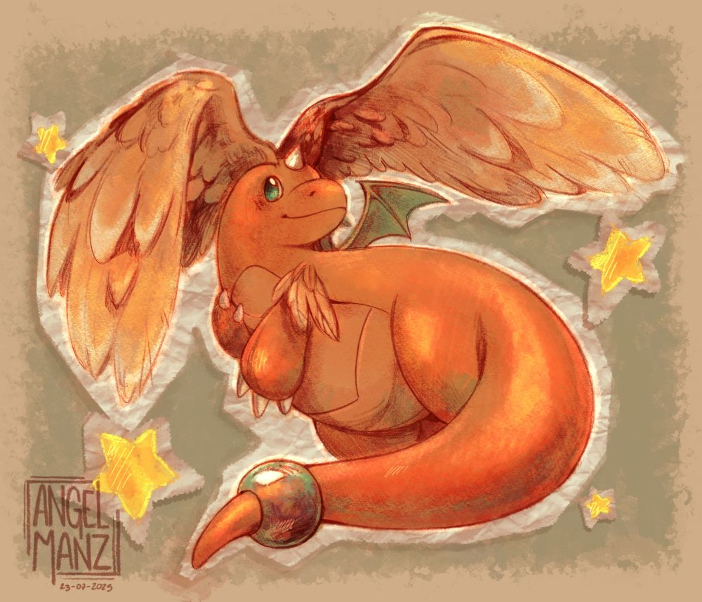 Mega Dragonite drawing in a children illustration style
