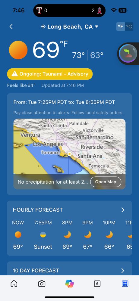 A screenshot from weather showing where the expected Tsunami effects will hit (basically the coast of Southern California)