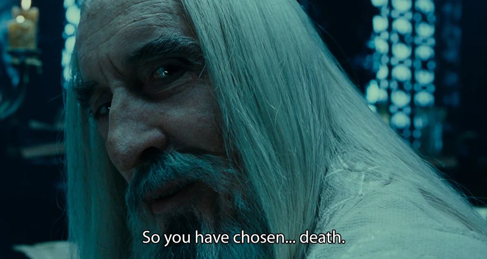 Gandalf from Lord Of The Rings, he's old and wears white clothes. He's saying "So you have chosen... death"