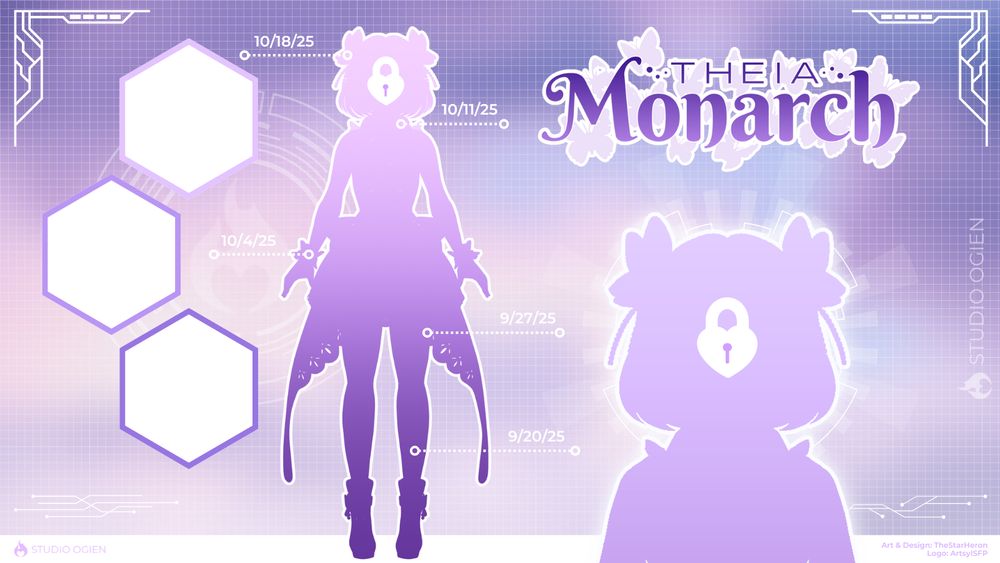 Design reveal sheet for THEIA MONARCH with purple character silhouettes