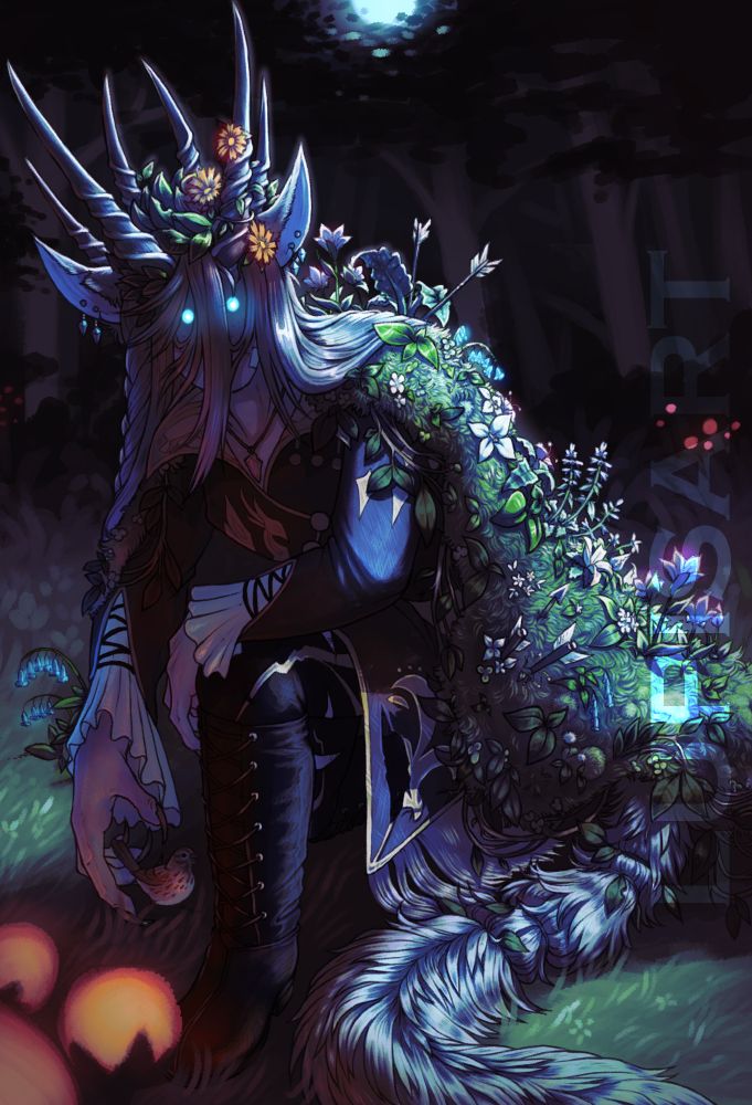 a digital painting of a miqote covered in a drape of flowers, leaves, and grass. there are antelope horns growing from their head like a crown and their eyes flash brilliantly in the dim moonlight. she is crouched in a moonlit clearing, hand protectively held over a small song sparrow.