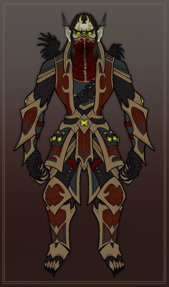 an armor reference for monder, showing him dressed in faded but ornate red, black, and gold armor. a red scarf is wrapped around his face. 