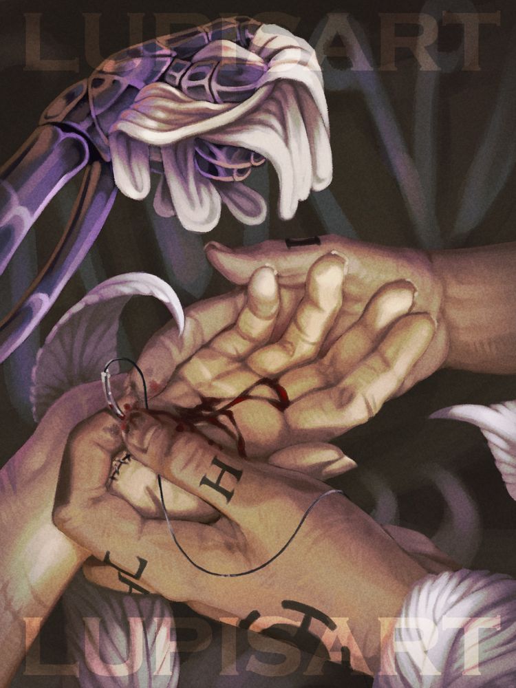 A digital painting of two sets of hands. The first set is Vash's hands, holding out a palm flat while his prosthetic hand reaches out with a surgeon's glove held out. His flat palm has blood running down it. Law (One Piece) holds his outstretched palm, suturing a wound and pointedly ignoring the glove. Feathers wrap around his wrist. 