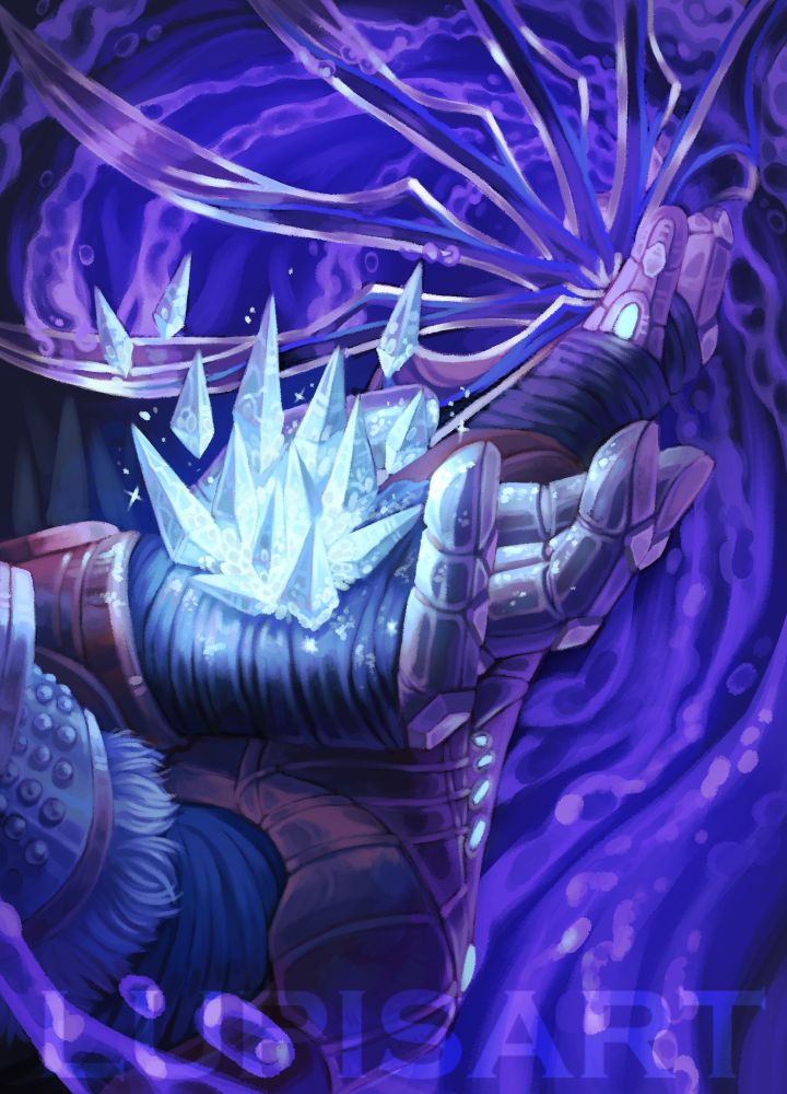 a digital painting of two armored hands, one holding a chunk of magical ice, and the other holding a fan made of blades. the blade fan is trailing a gelatin-like magic. 