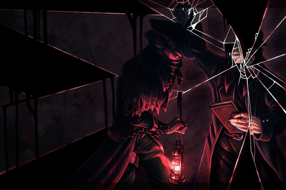 a digital drawing of Dy'neth (a k'thir from world of warcraft) holding his lantern and reaching out towards a huge, shattered mirror. His reflection shows not him but rather an obscured human who holds a book instead of a lantern, but still meets his hand. The glass is shattered over his face and their hands. Black ooze drips from the shattered mirror and there are vague tentacle shapes in the glass. 