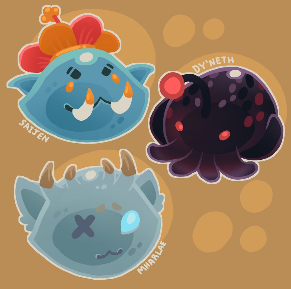 Three Slime Rancher style slimes. The first is labeled Saijen and shows an aqua blue slime with tusks, ears, and a flower hat. The second is labeled Dy'neth and resembles a purple squid with a pink-orange lure. The last is labeled Mharlae and is a cat slime with draenei horns and a missing eye.