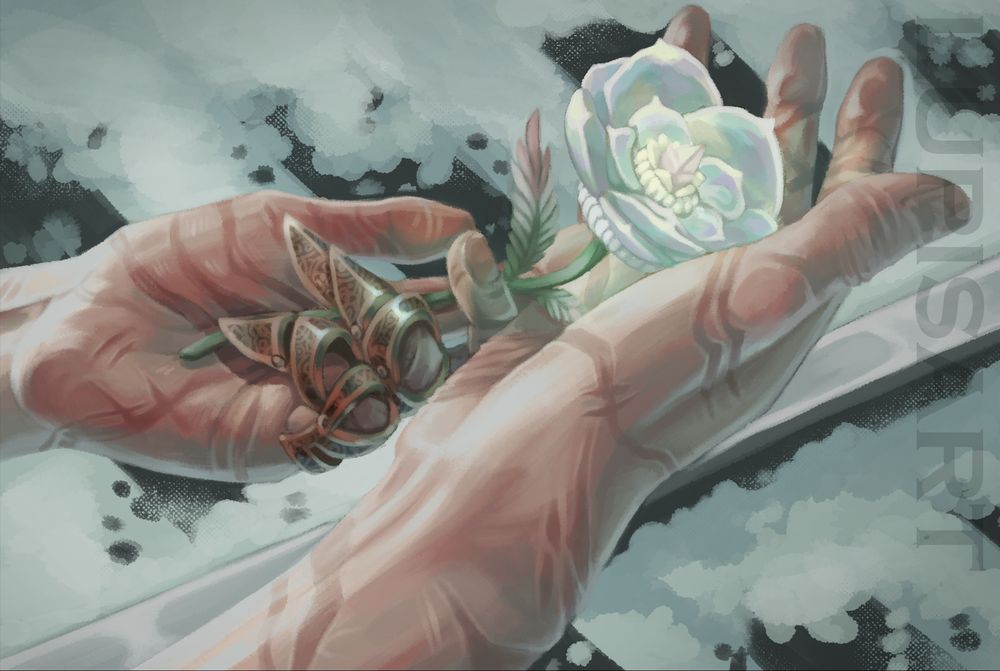 a pair of heavily scarred human hands with two metal prosthetic fingers holding an opalescent Elpis flower over a damaged and snowy railroad track.