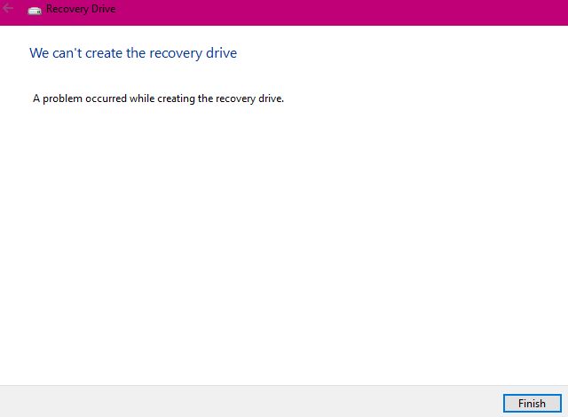 Error screen of "recoverydrive.exe" in Windows 10 displaying a non-descript "A problem occured while creating the recovery drive." message
