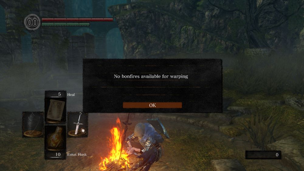 Player character in the game Dark Souls sitting at the Bonfire in Firelink Shrine with a text box on the screen stating "No bonfires available for warping"