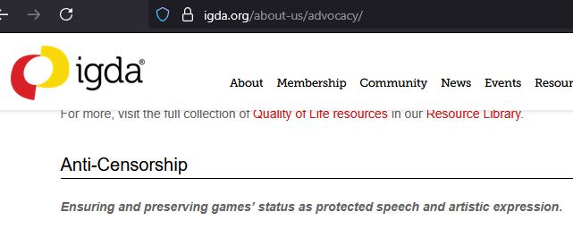 Screenshot of the 'about-us'-section on the IGDA website, scrolled down to a bold header reading "Anti-Censorship" followed by the sentence "Ensuring and preserving games’ status as protected speech and artistic expression." 