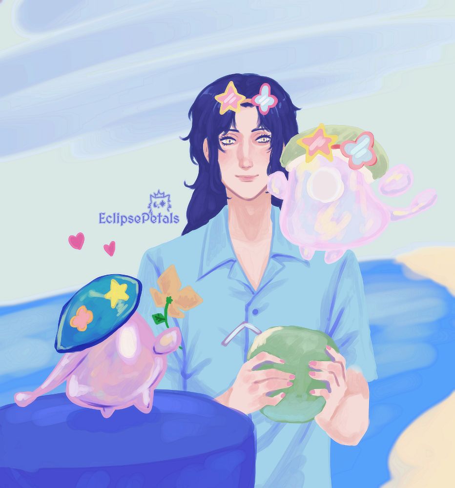 Mana D. Campbell from D.Gray-Man... but this is a crossover! With him are two adorable Asha from the new resort region in Genshin Impact's Natlan. One Asha is giving him a flower, while the other enthusiastically blorbingly blorbs on his shoulder -- surely they're telling him of a great adventure!
