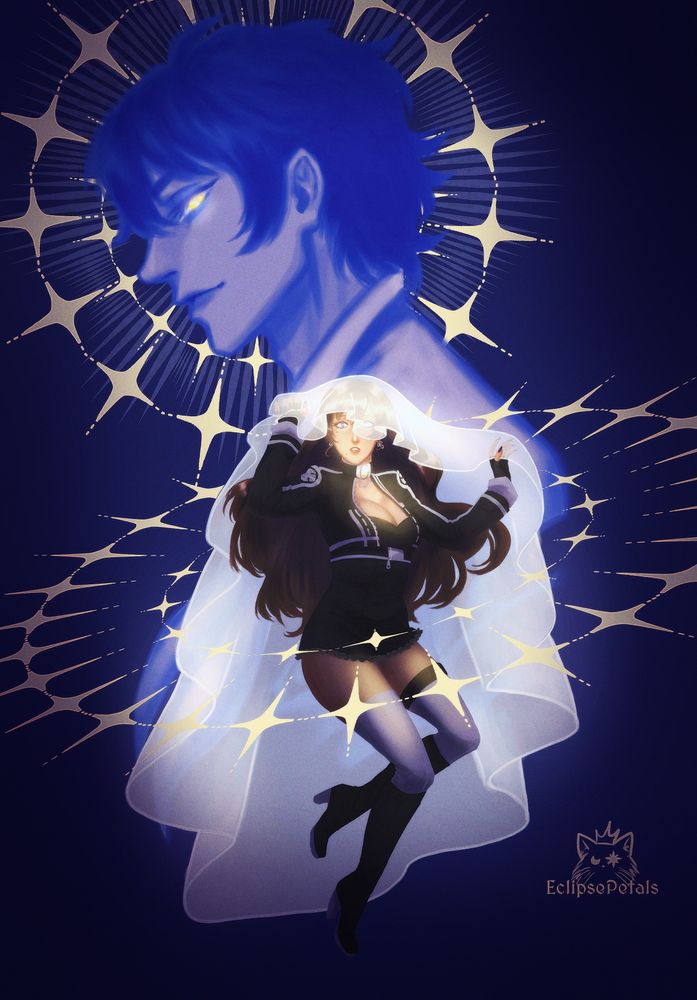 Mellicent Hayes, wearing her 2nd Exorcist uniform, holds up her veil. Around her, four pointed stars encircle her. She appears to be floating, her veil floating around her as a soft yellow glow emits from her pendant. Nea is monochromatic in the background, his gaze on her with a smirk. The same four pointed stars are behind his side profile. Everything aside from Mellicent is cast in a shade of purplish-blue.