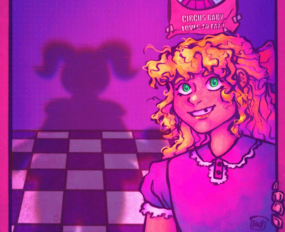 A digital painting of Elizabeth Afton smiling at Circus Baby on stage, though Baby is not visible to the audience. Only her shadow is.