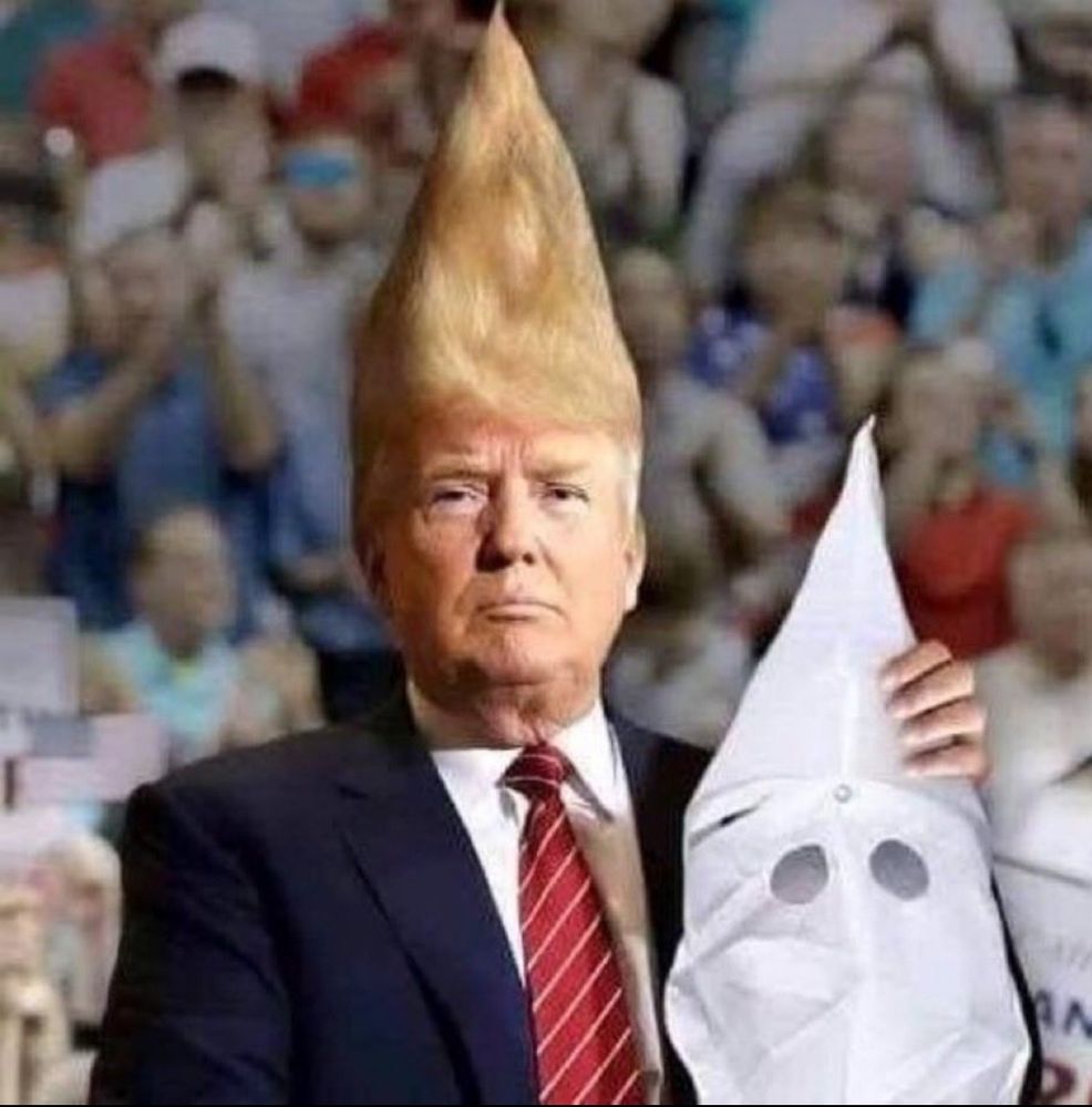 A meme of Trump holding a KKK hood. And his hair is shaped in the same way