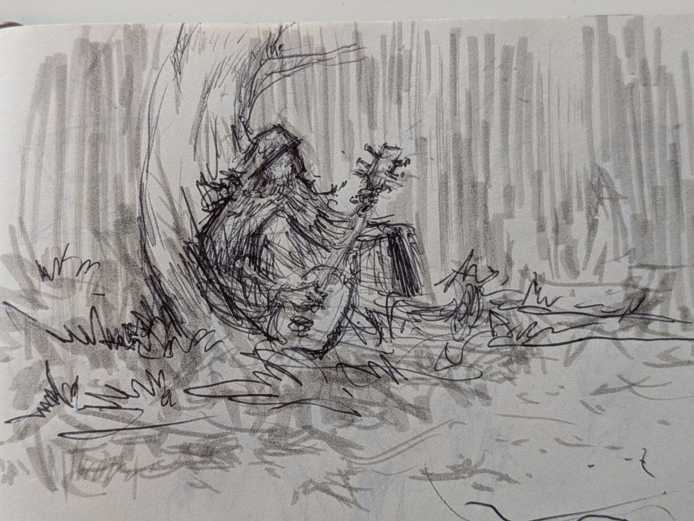 A figure with back against a tree picks a lute.

#drawing #art #ink #gamedev #indiedev #oc