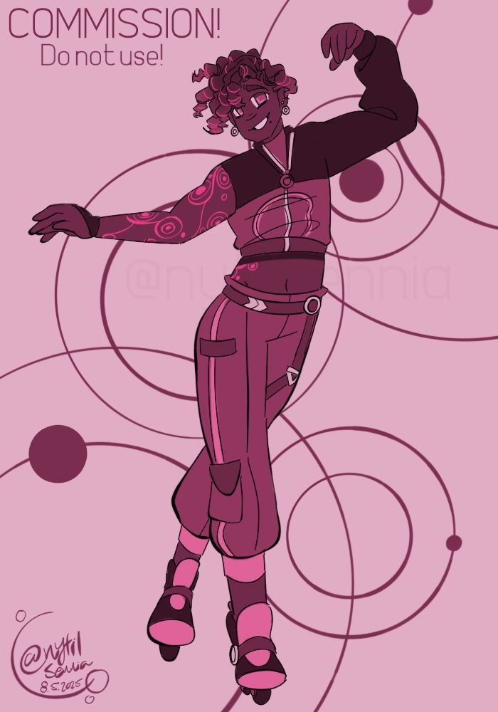 A digital drawing of a person dancing while wearing roller blades. They are smiling happily towards the viewer. The drawing is colored in monochrome magenta.