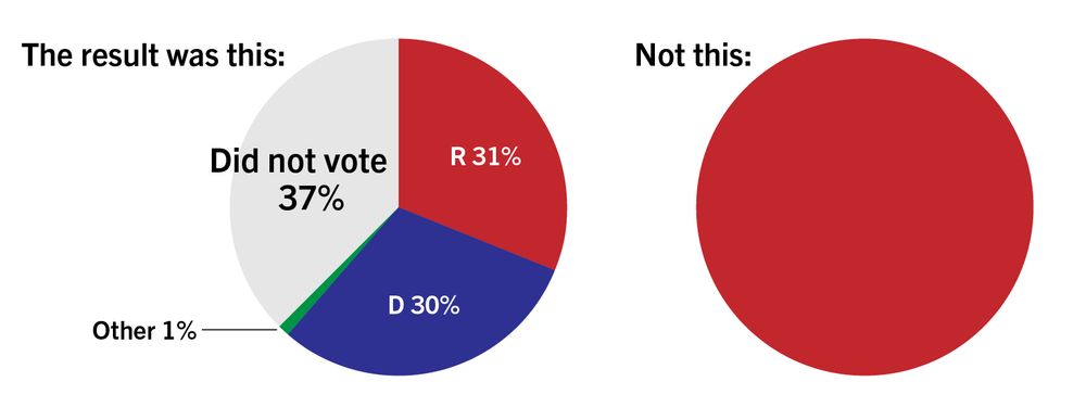 The result was this:

Pie chart with four sections
R 31%
D 30%
Other 1%
Did not vote 37%

Not this:
Pie chart solid red
