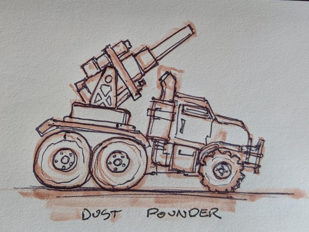 Dust Pounder, a boosted and lifted truck with a howitzer in the bed