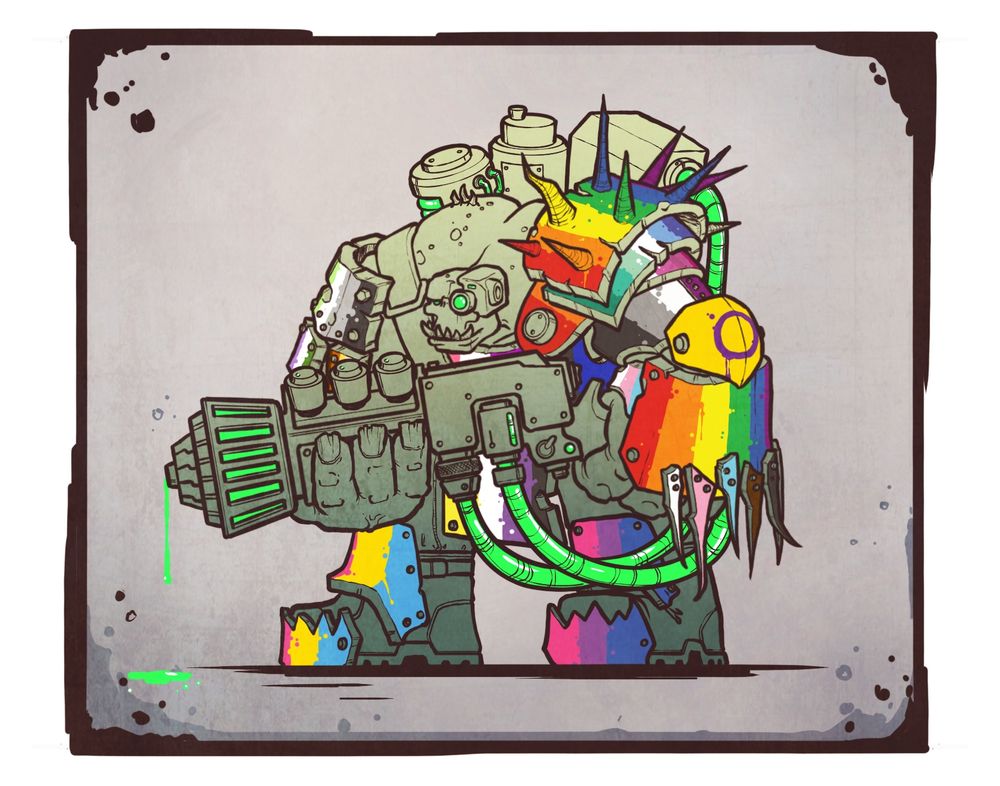 A Big Mutant decked out in every color of the rainbow, hefting their Rad-Blaster
