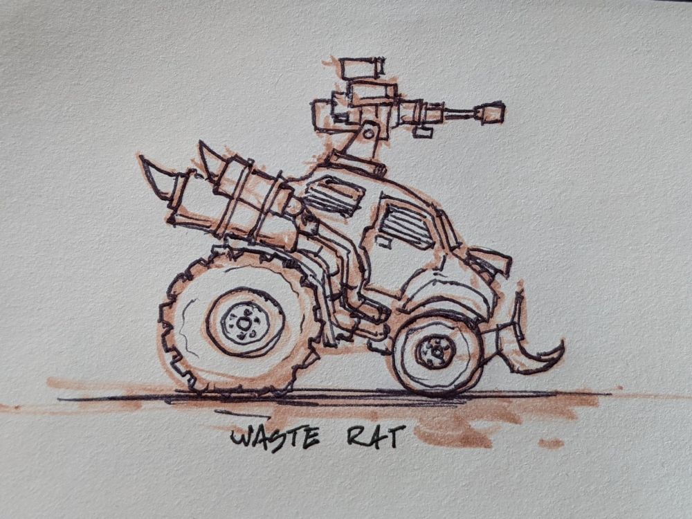 Waste-Rat, a Sooped-up buggy with a plow and a remote weapon system mounted autocannon
