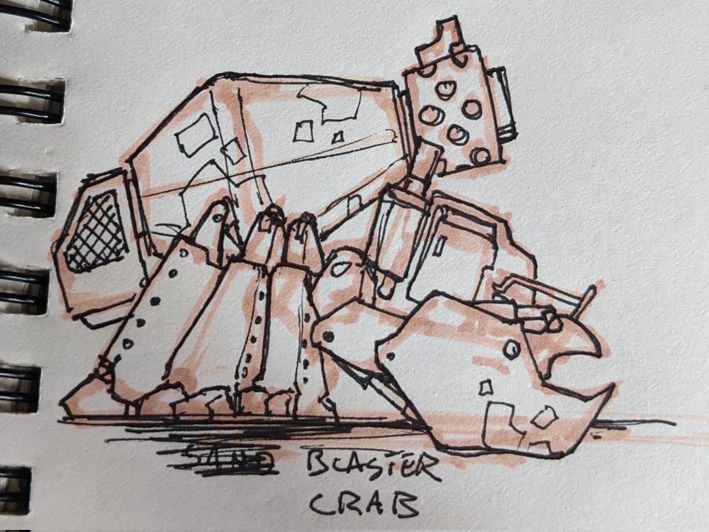 Blaster Crab, a converted cement truck with mech legs and claws and a big cannon