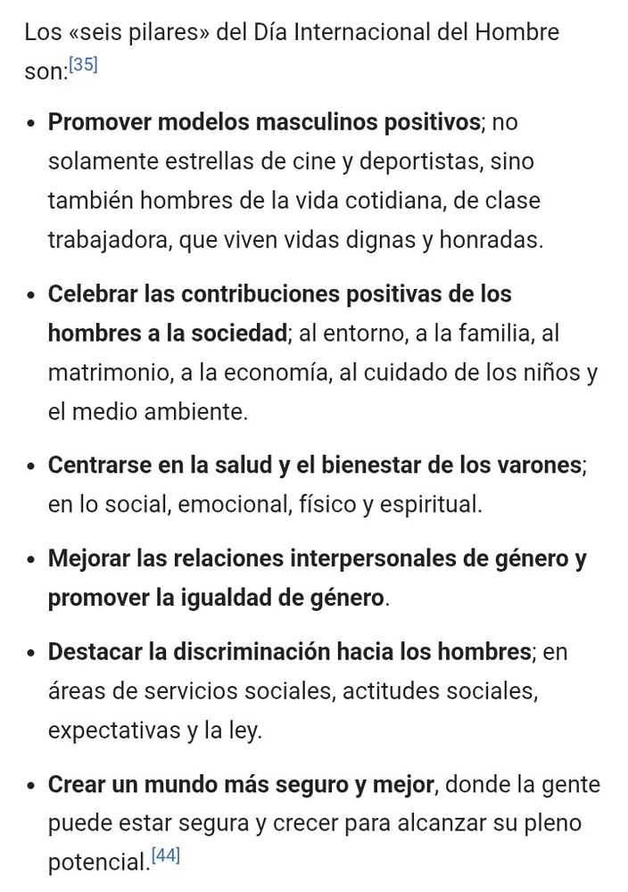 Los «seis pilares» del Día Internacional del Hombre son:

- Promover modelos masculinos positivos; no solamente estrellas de cine y deportistas, sino también hombres de la vida cotidiana, de clase trabajadora, que viven vidas dignas y honradas.
- Celebrar las contribuciones positivas de los hombres a la sociedad; al entorno, a la familia, al matrimonio, a la economía, al cuidado de los niños y el medio ambiente.
- Centrarse en la salud y el bienestar de los varones; en lo social, emocional, físico y espiritual.
- Mejorar las relaciones interpersonales de género y promover la igualdad de género.
- Destacar la discriminación hacia los hombres; en áreas de servicios sociales, actitudes sociales, expectativas y la ley.
- Crear un mundo más seguro y mejor, donde la gente puede estar segura y crecer para alcanzar su pleno potencial.