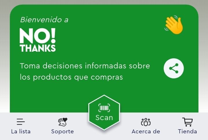 Inicio de la app NO Thanks con un dibujo en el que hay personas y una bandera palestina

