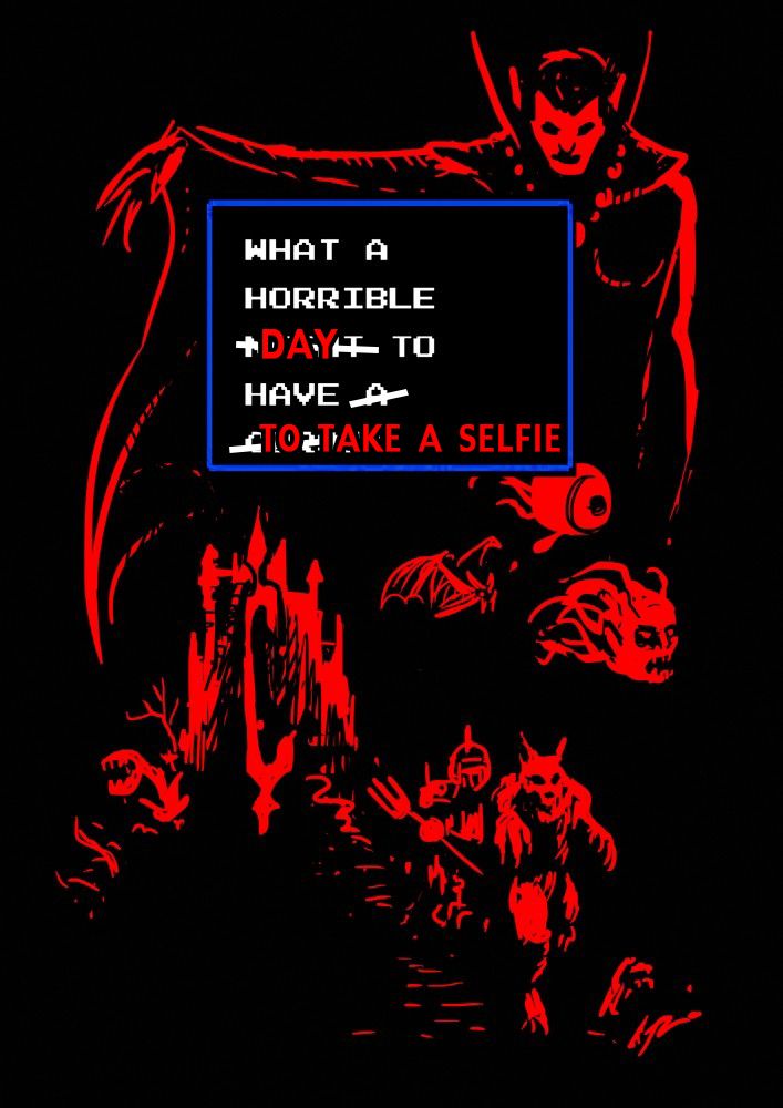 Castlevania-inspired art showing a vampire dramatically outlined in red on a black background that includes a castle and scary monster imagery. There is a text box shown with some words crossed out. The original quote "What a horrible night to have a curse." is edited and replaced with the text "What a horrible day to have to take a selfie". 