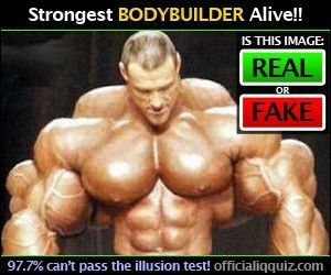 an old shock advertisement asking the viewer if the pictured bodybuilder is real or fake