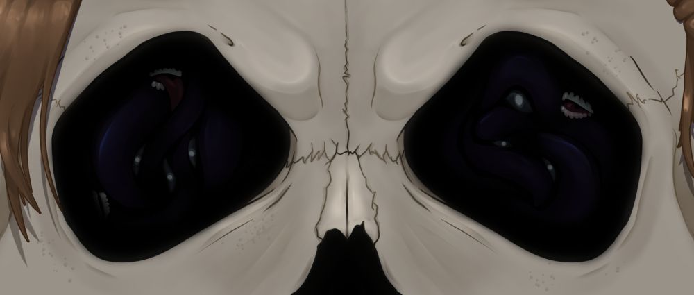 a long Illustration of a Skulls eyes. The Skull is white has a few brown tufts of hair falling in his face and the top of his nose. inside the eye sockets it is dark with swirling tendrils, glowing eyes and flat straight teeth inside it's void.