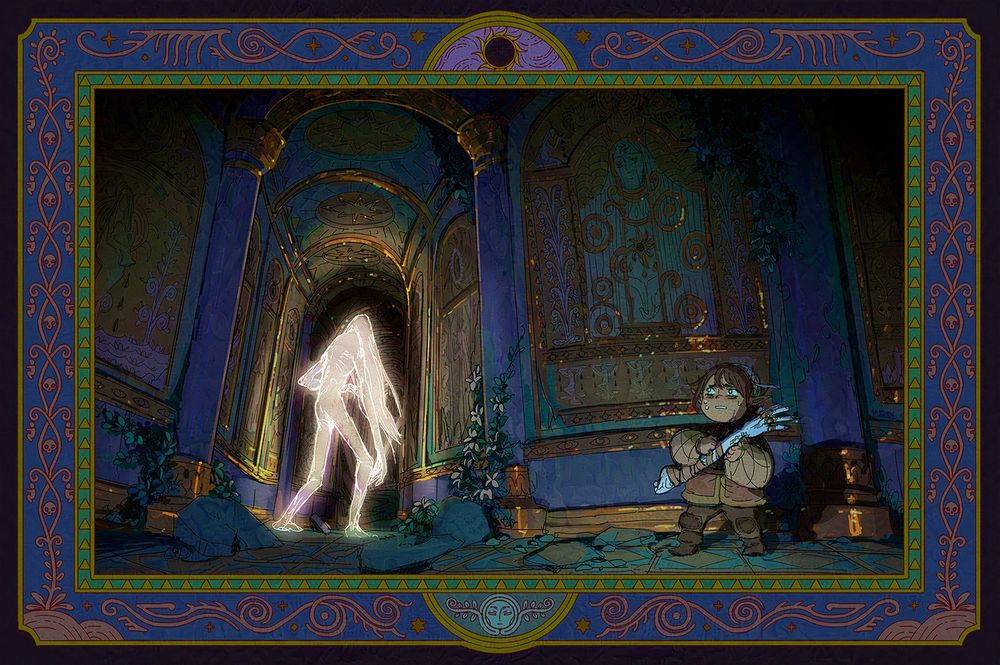 a drawing of a lil guy with a dismembered shrivelled arm in his hands. a ghostly figure is around the corner. there is a fairy tale border around the image.