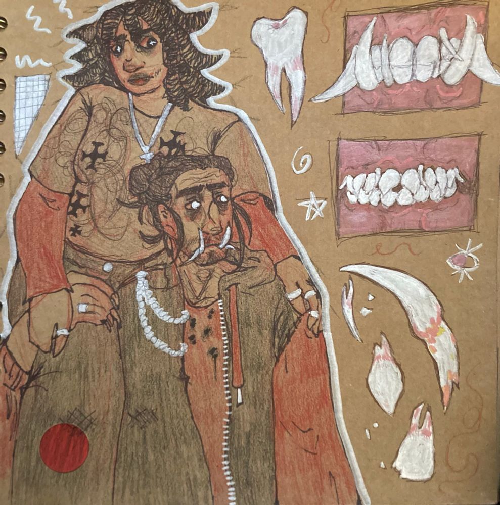 A traditional doodle of the Creepypasta Fleur de douleur and a heavily redesigned version of Eyeless Jack. Fleur is sitting in EJs shoulder and footing next to them are doodles of their teeth.