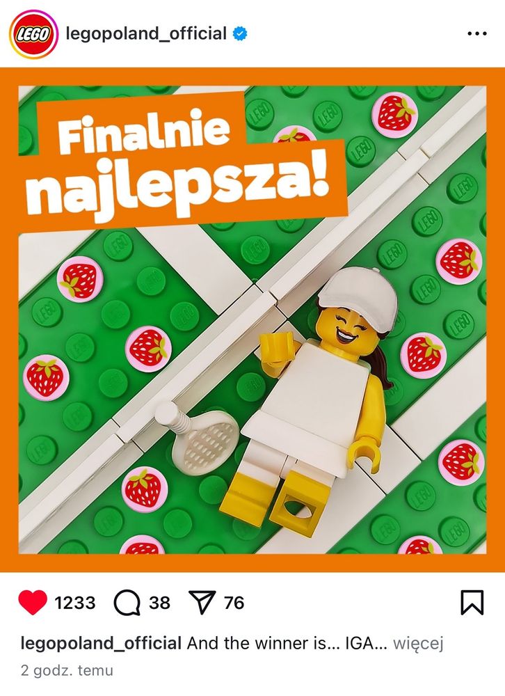 Instagram post by the official Lego Poland account, congratulating Iga Swiatek on winning Wimbledon. There's an image of a happy Lego tennis player lying on Lego grass, her racquet beside her, strawberries all around.
