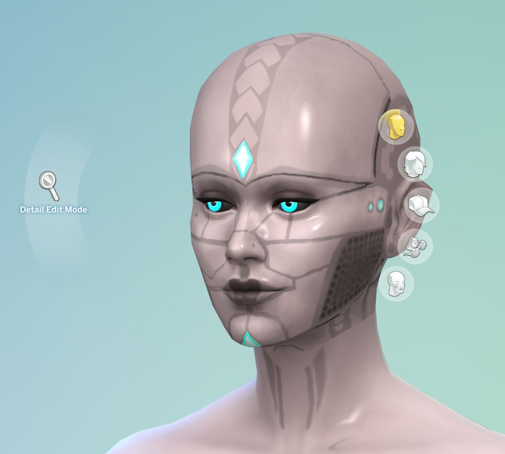 Sims 4 create a sim creenshot of a sim with gray skin and tattoos to mimic a robot. There is a glossy skin effect applied so the robot looks actually metallic
