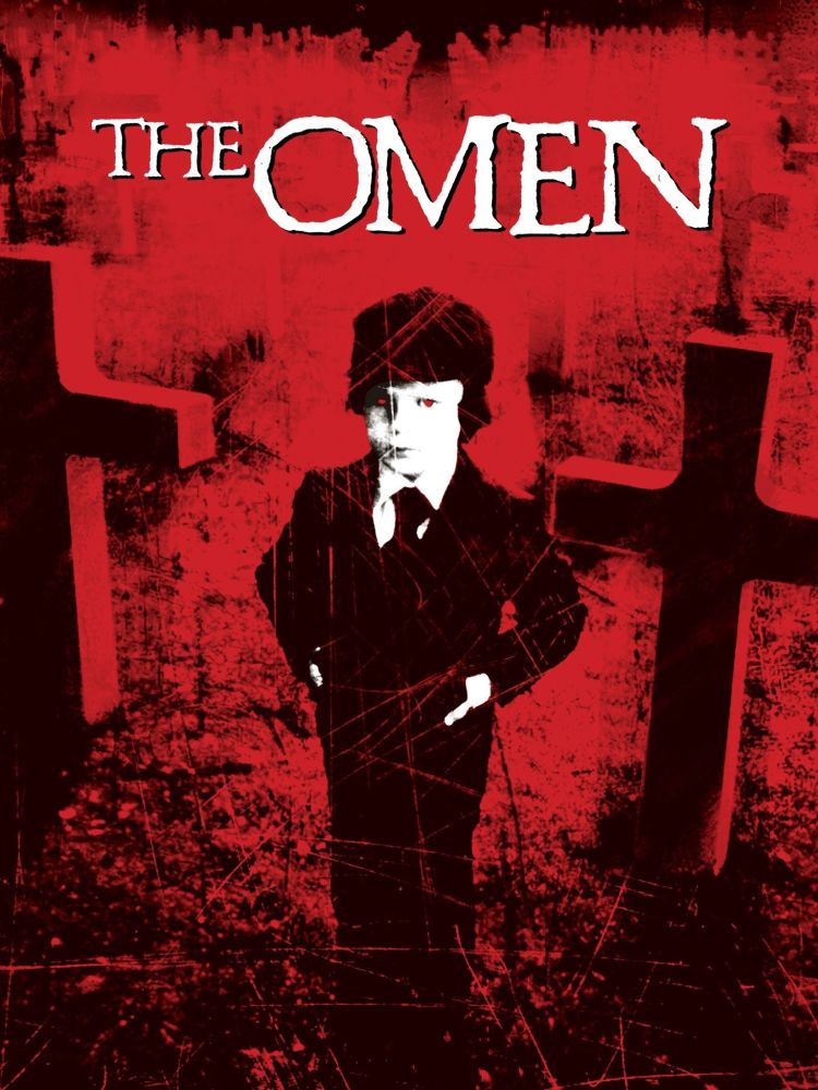 Poster for The Omen. Black and white photo with a red filter layered over of a little boy in a graveyard. He’s serving cunt. 