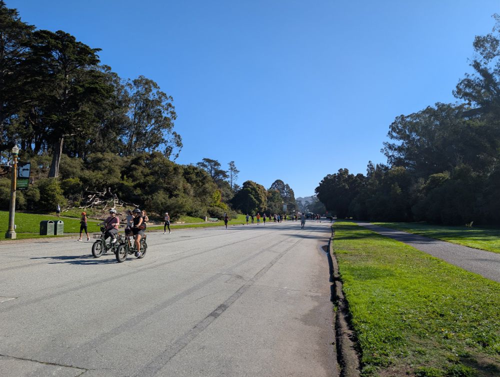 Bicyclists and pedestrians enjoying JFK drive in Golden Gate Park