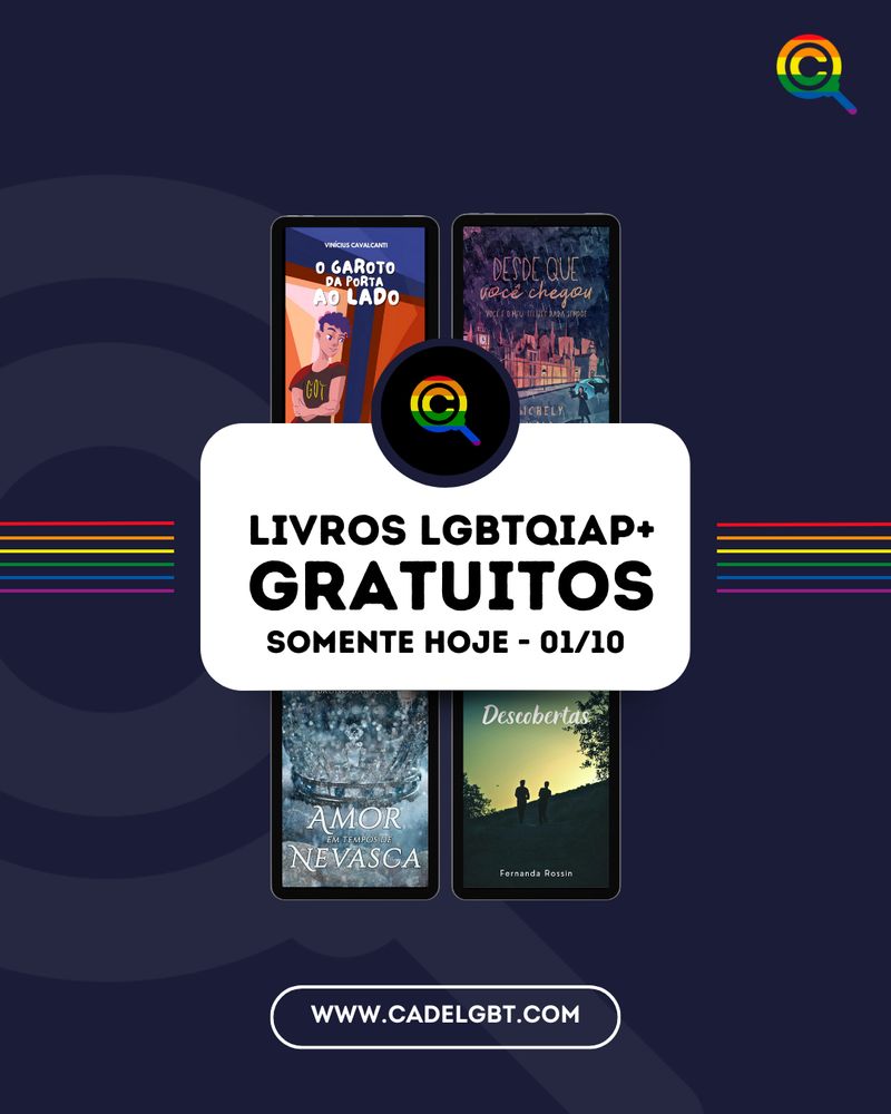 Banner. Fundo azul com o logo do Cadê transparente. No centro, um espaço em branco com o logo do Cadê e quatro ebooks. Nos lados, listras nas cores da bandeira. Na parte inferior, o nosso site.