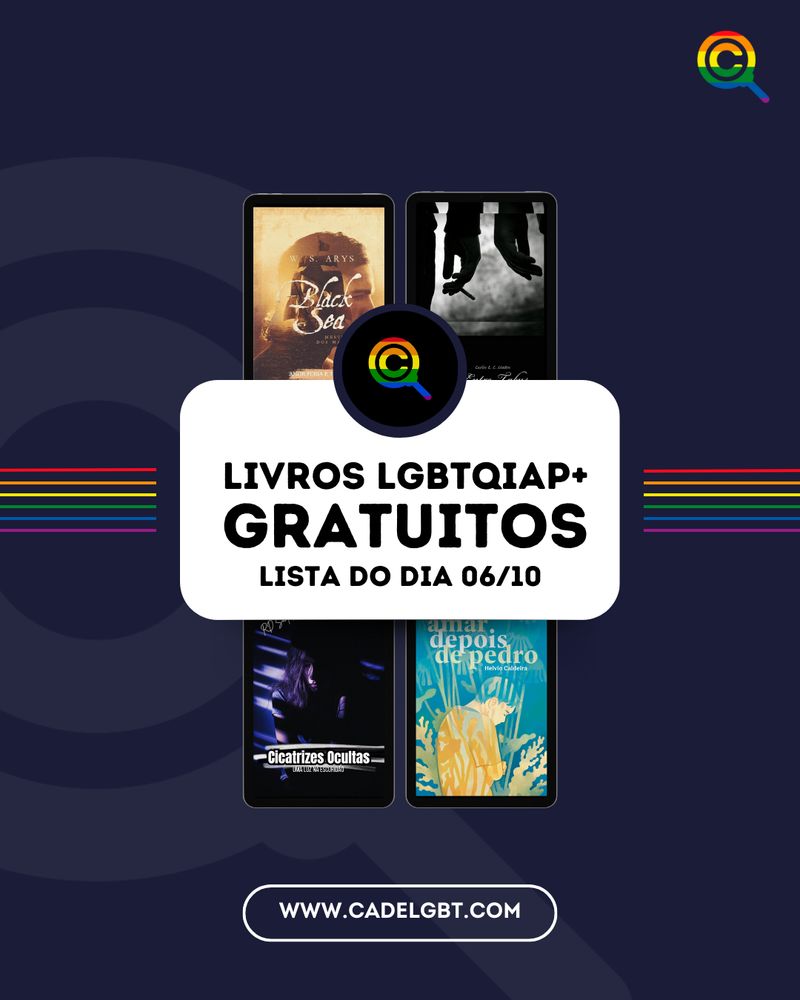 Banner. Fundo azul com o logo do Cadê transparente. No centro, um espaço em branco com o logo do Cadê e quatro ebooks. Nos lados, listras nas cores da bandeira. Na parte inferior, o nosso site.