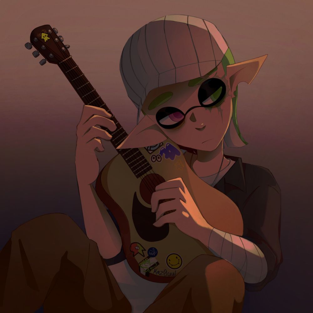 A green inkling under warm lighting looking off to the side with a tired and loss of hope in his eyes. His left eye scarred from sanitization and left him with a lazy eye, lid more down than the right yet both have eye bags. He wears a white cap with stripes, white shirt with a dark grey button up thrown over it open and brown pants. He has his old acoustic guitar in his hands, resting it on his lap and almost hugging it, lazily playing nothing in particular. There are some splatoon stickers at the bottom edge and top of the guitar given by friends and his journey. His left arm is wrapped in bandage from self inflicted wounds. 