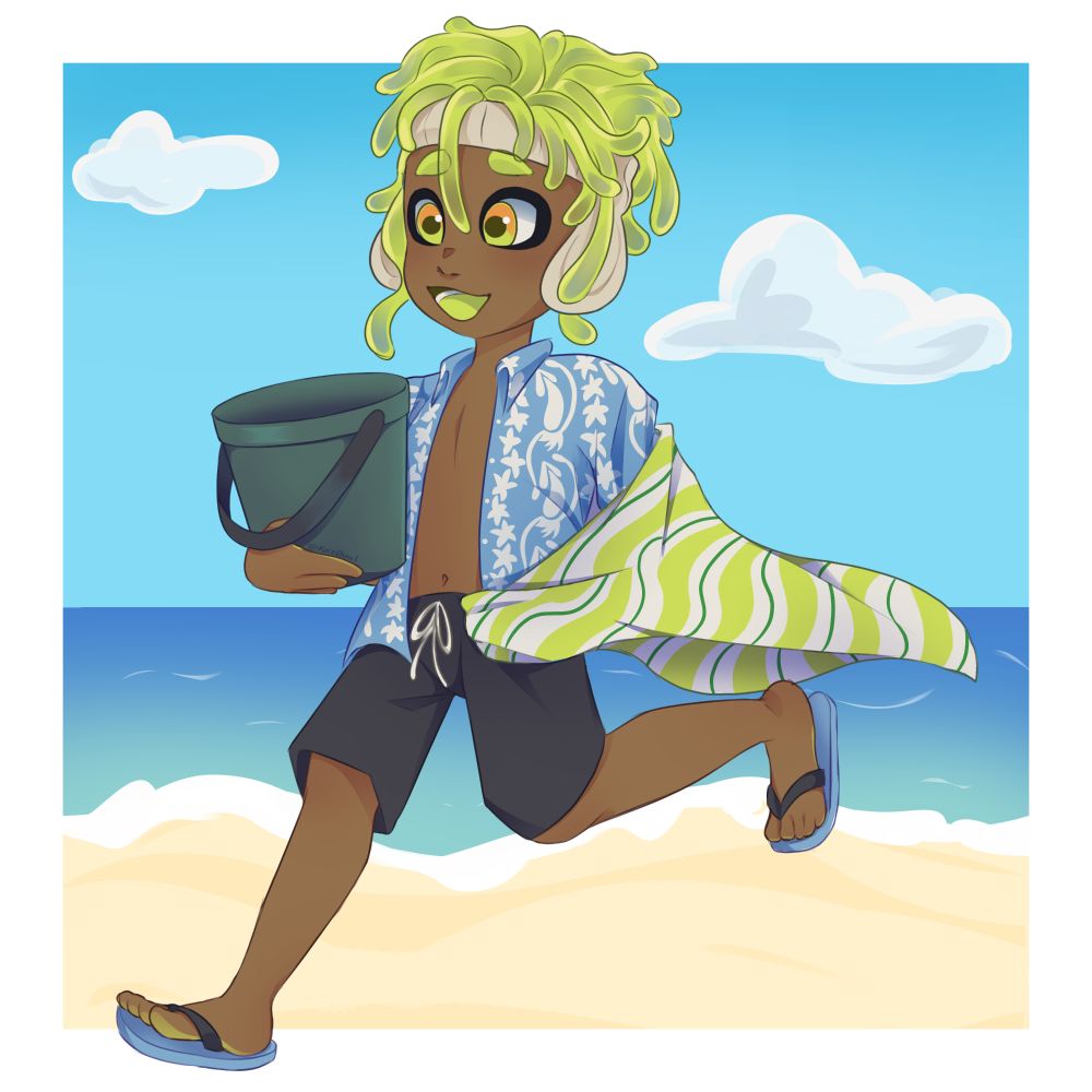 splatoon octo jellyfish oc running in the sand enjoying summer 