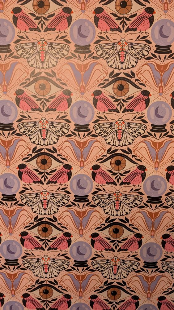 a wallpaper featuring birds and moths and eyes