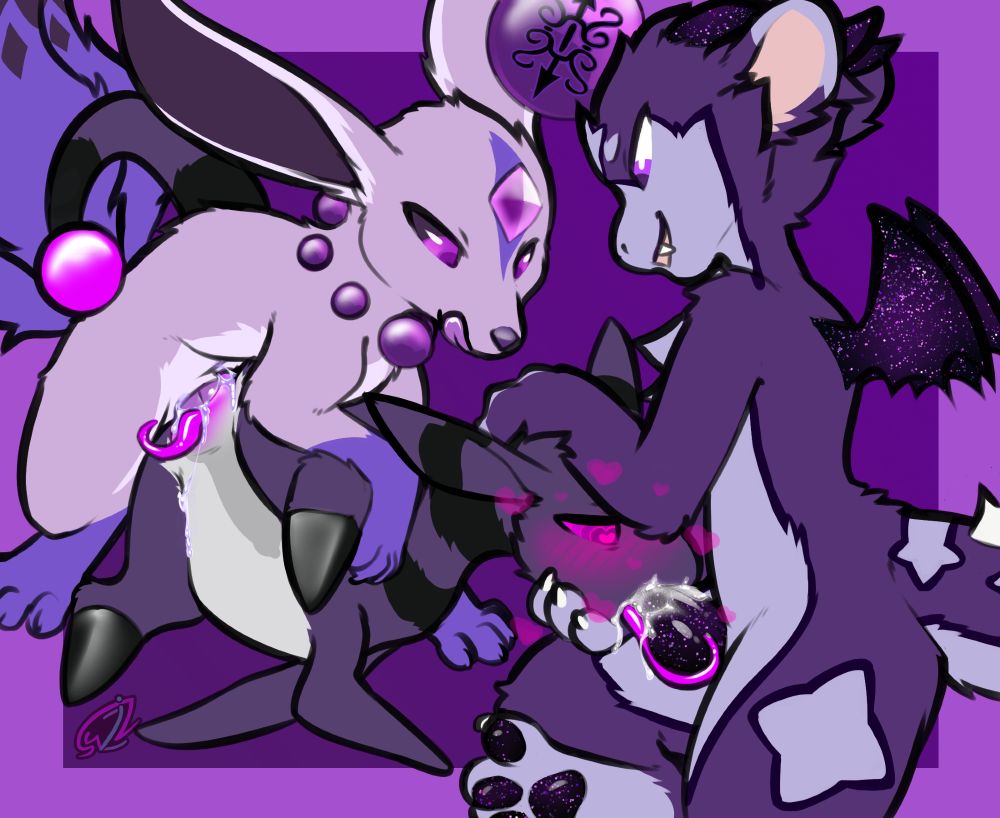 An ampharos OC is being spitroasted between a carbunkle OC and a dragon creature OC. The ampharos seems to be hypnotized by the dragon's penis and is sucking eagerly, while the carbuncle observes from above, having already tied with the ampharos' vagina, and having climaxed at least once already.