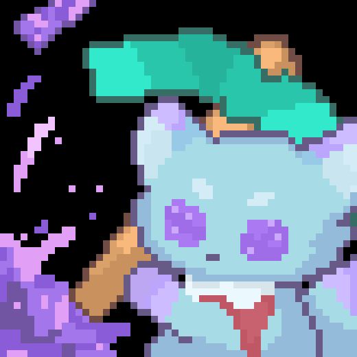 Blue cat with purple eyes and mimic mouth, aggressively mining amethyst with a diamond pickaxe 