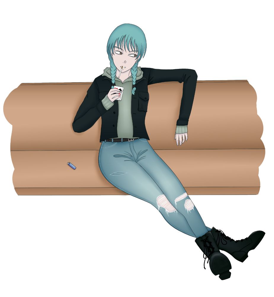 A woman with cyan hair sitting and about to light a cigarette.