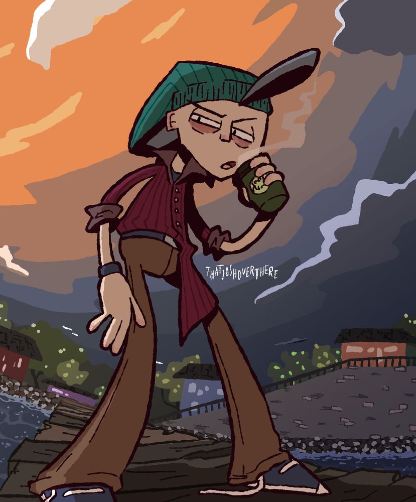 Drawing of a boy (Bucket McGhallagher) in partially-untucked red button-up shirt, brown pants, and teal beanie stands on a dock taking a sip of coffee and looking to the side. Behind him is part of a town, trees, and a vast twilight sky.